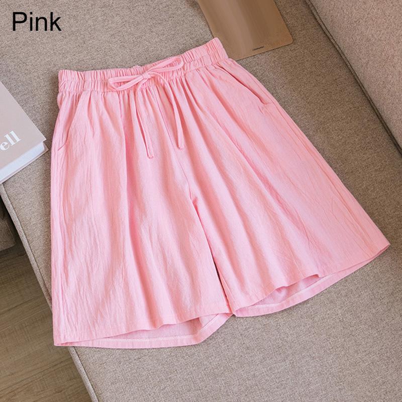 Frauen Einfarbig Elastische Taille Shorts Kordelzug Breite Bein Hosen Sommer Baumwolle Leinen Strand Shorts