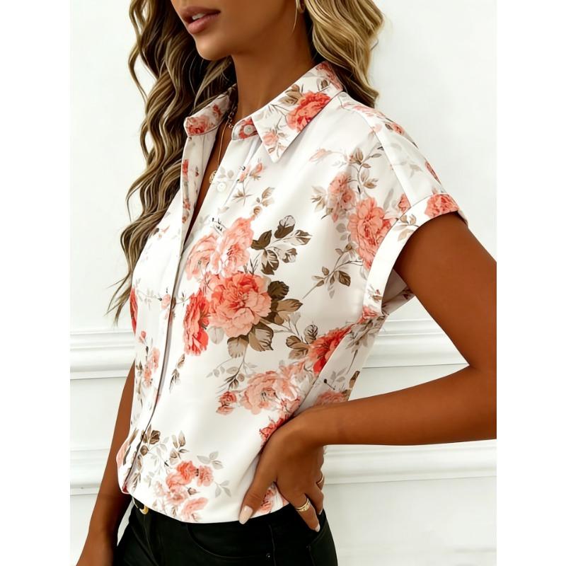 Camicetta da donna a maniche corte con bottoni e stampa floreale, casual, con scollo a V e colletto, con motivo a rose