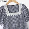 VONDA Summer Women Square Collar Plaid Lace Hem Patchwork Puff Sleeve T-shirts