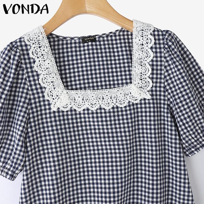 VONDA Summer Women Square Collar Plaid Lace Hem Patchwork Puff Sleeve T-shirts