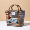 Handmade Cartoon Woven Vegetable Basket Cute Embroidered Puppy All-match Handbag High-end Dachshund Storage Bag