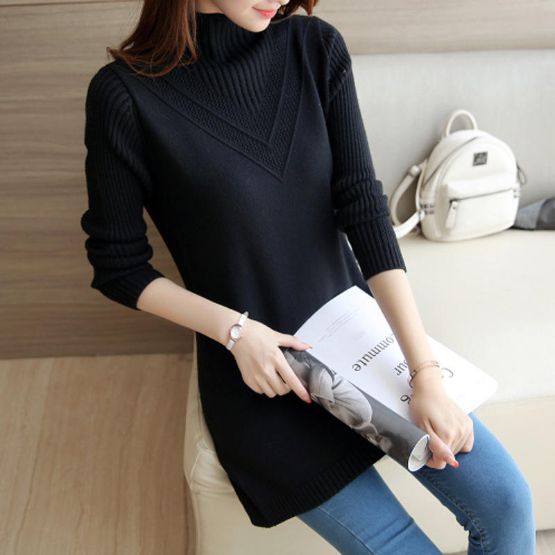 Korean Sweater Women Half Turtleneck Pullover Mid-length Knitted Sweater Women's Knitwear Solid Color Thick Jumper Sweater Autumn and Winter