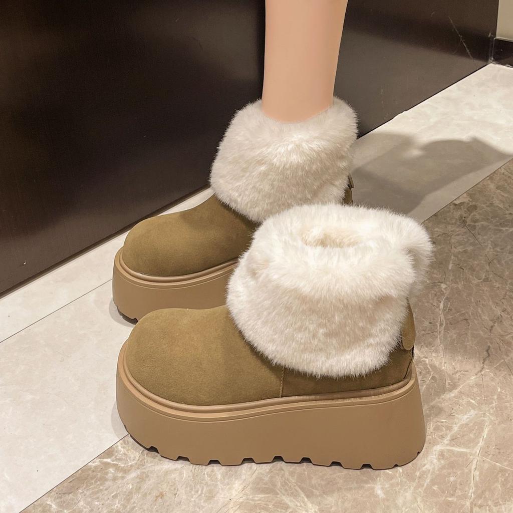 Fleece Thickened Fluffy Short Boots Ugly Cute Big Head Cotton Shoes New Winter Super Thick Sole Heightening Snow Boots Women's