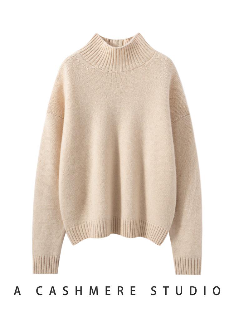 Women's 2025 Autumn/Winter Solid Color Cashmere Stand Collar Sweater - Thick, Loose, Fashionable, and Versatile Knitwear.