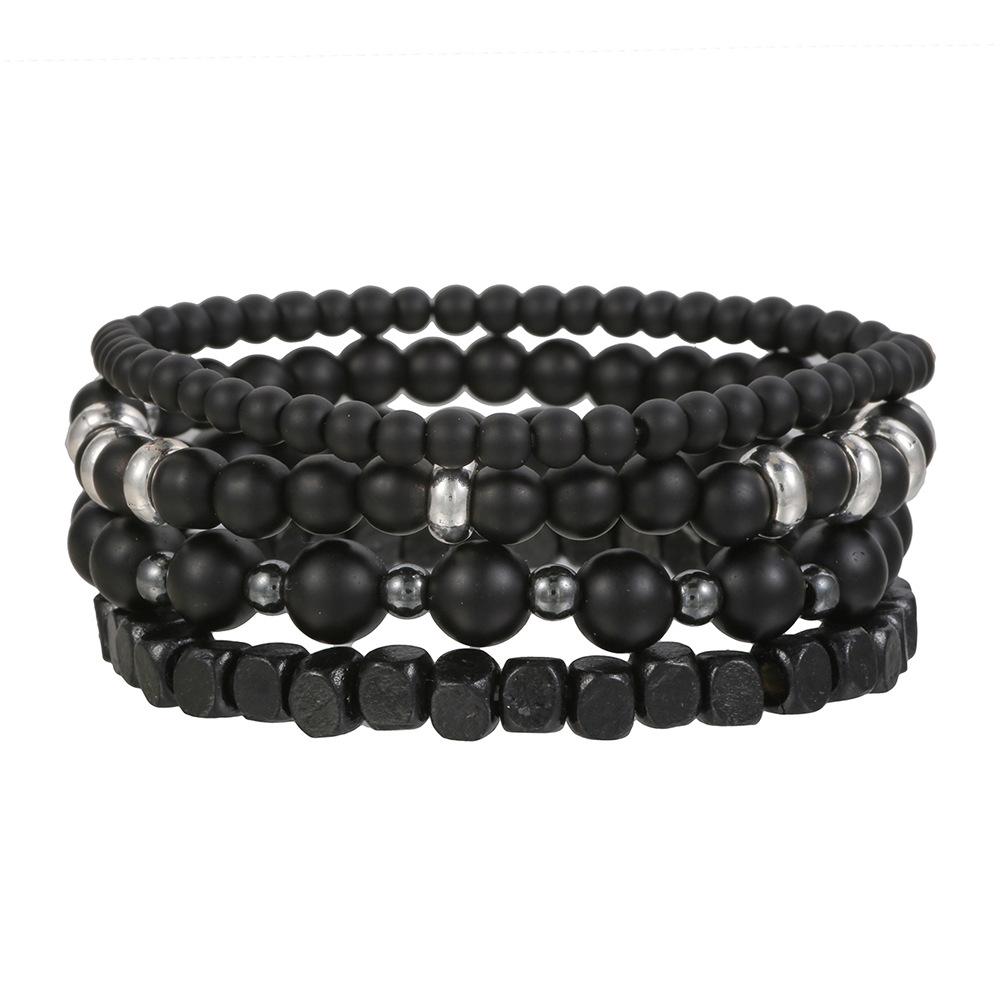 4 Pièces/Ensemble Pierre de Vésicule Biliaire Noire Pierre Volcanique Perles en Bois Combinaison Multicouche pour Hommes Bracelet Élastique Pour Couple Amis Bijoux