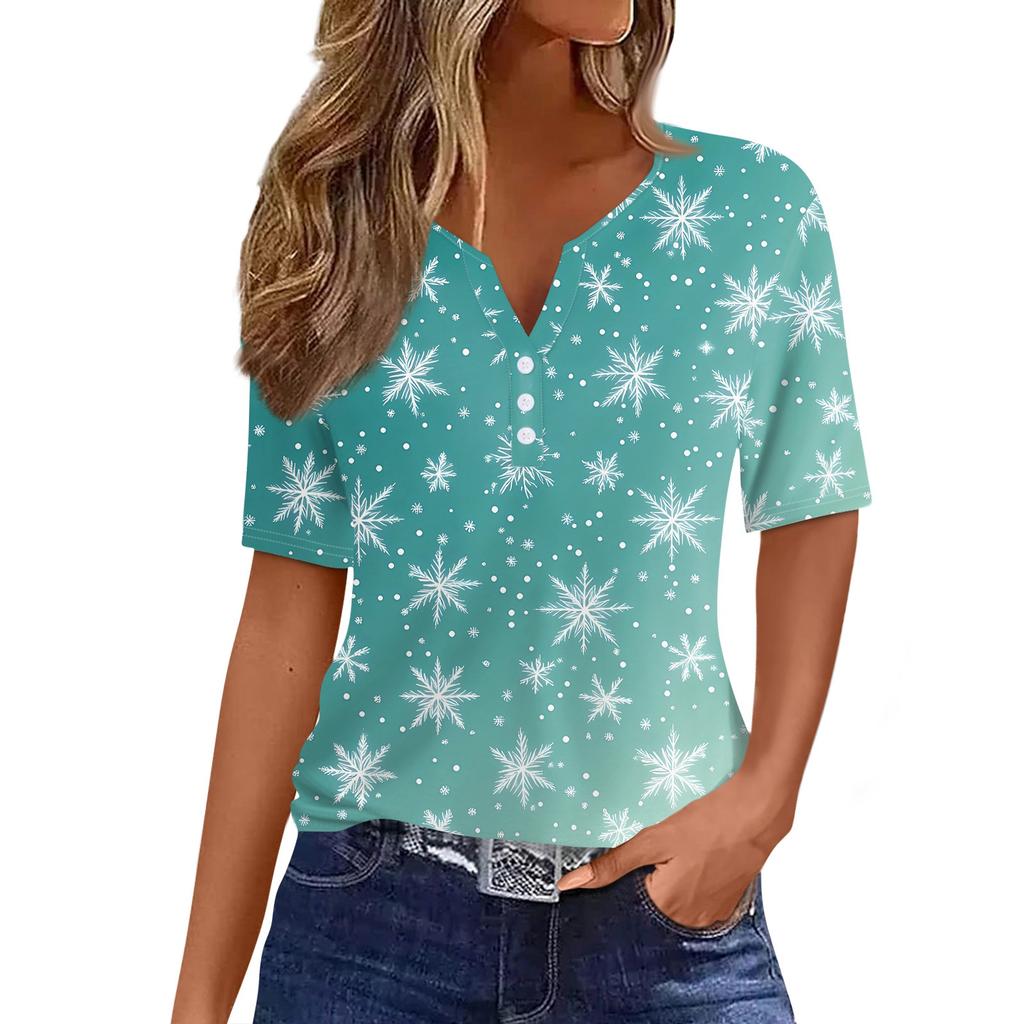 Women's T Shirt Christmas Print Button Short Sleeve Daily Weekend Fashion Basic V- Neck Regular Top