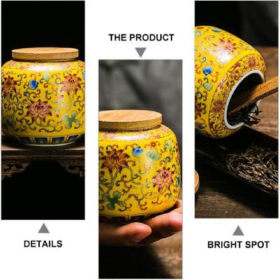 Ceramic Tea Canister with Airtight Wood Lid Vintage Chinese Style Tea Storage Jars Traditional Tea Tins Cans Tea 230ML for Kitchen Spice Tea Coffee