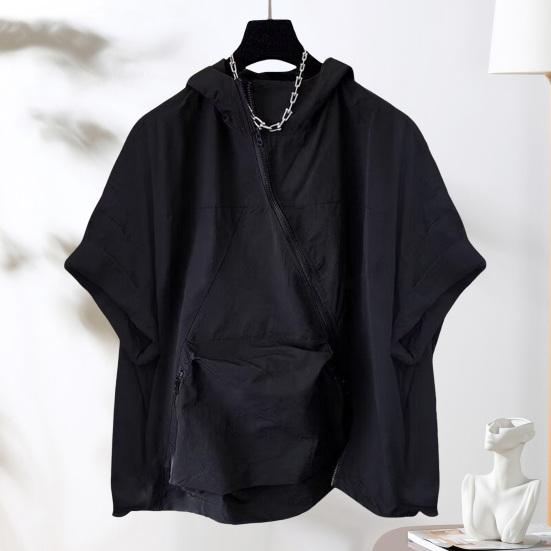 Pánské letní tričko s kapucí velká nášivka kapsa na zip zapínání oversized čistá barva pytlovité krátké rukávy střední délka streetwear hip hop sportovní mikina