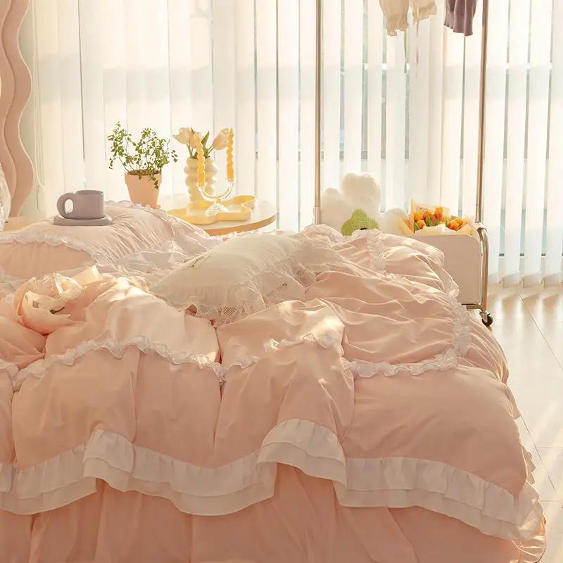 Princess Ruffle Duvet Cover Set Bed Skirt Pillowcase Four Seasons 4pc Beddin Quilt Cover Sheet Double Bed Queen King