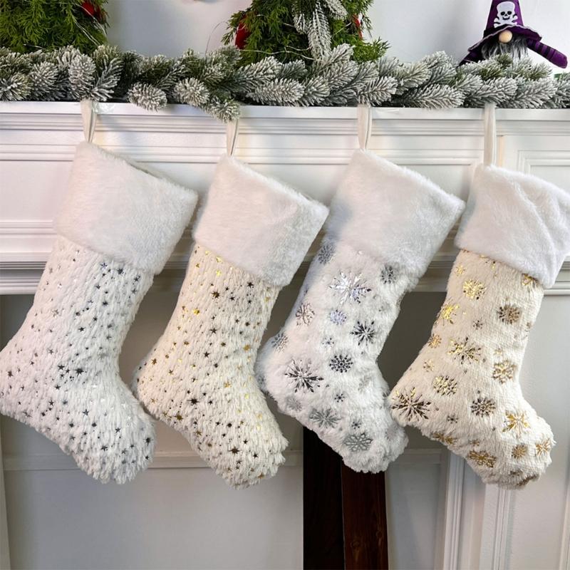 4pcs Furry Christmas Stockings Assorted Color for Home Office Decors Holiday Mantlepiece Hanging Socks