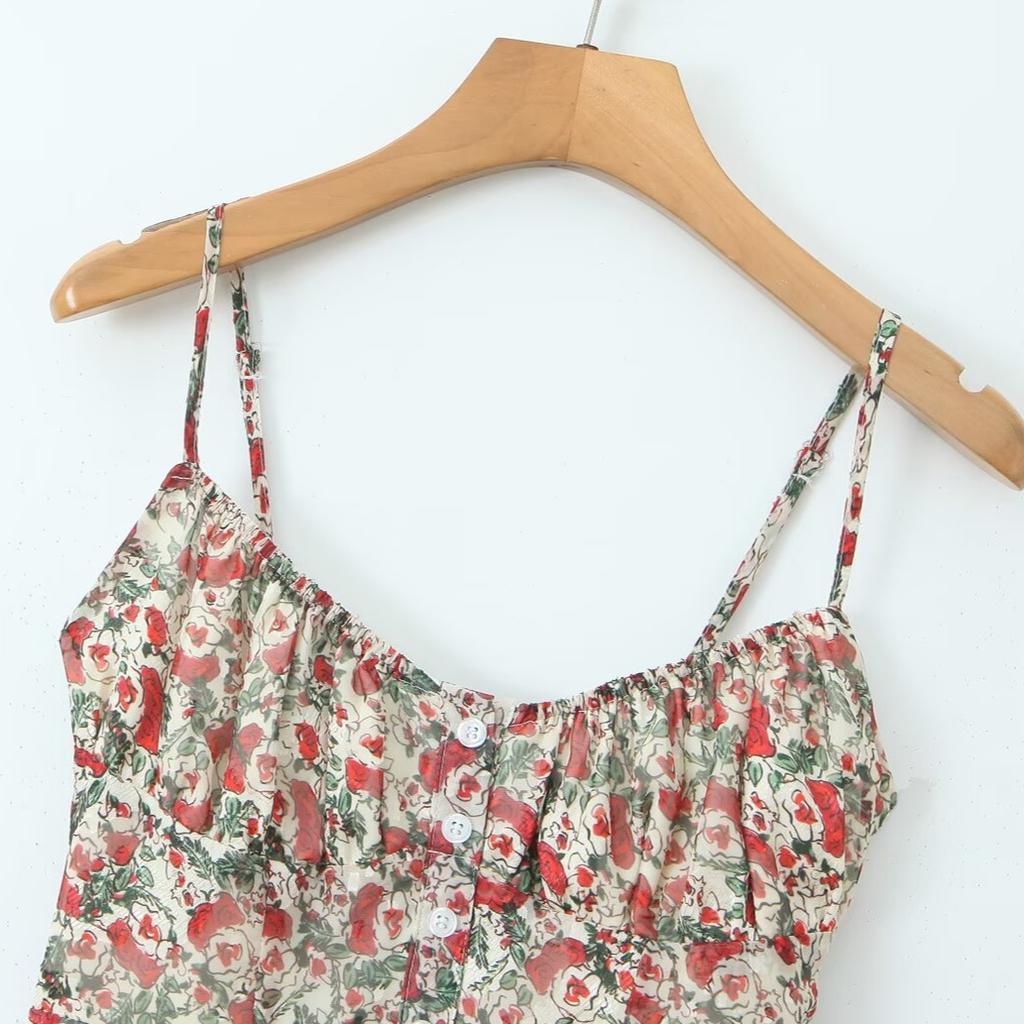 European and American style sexy back elastic printing suspender dress summer new waist slim holiday medium and long dress
