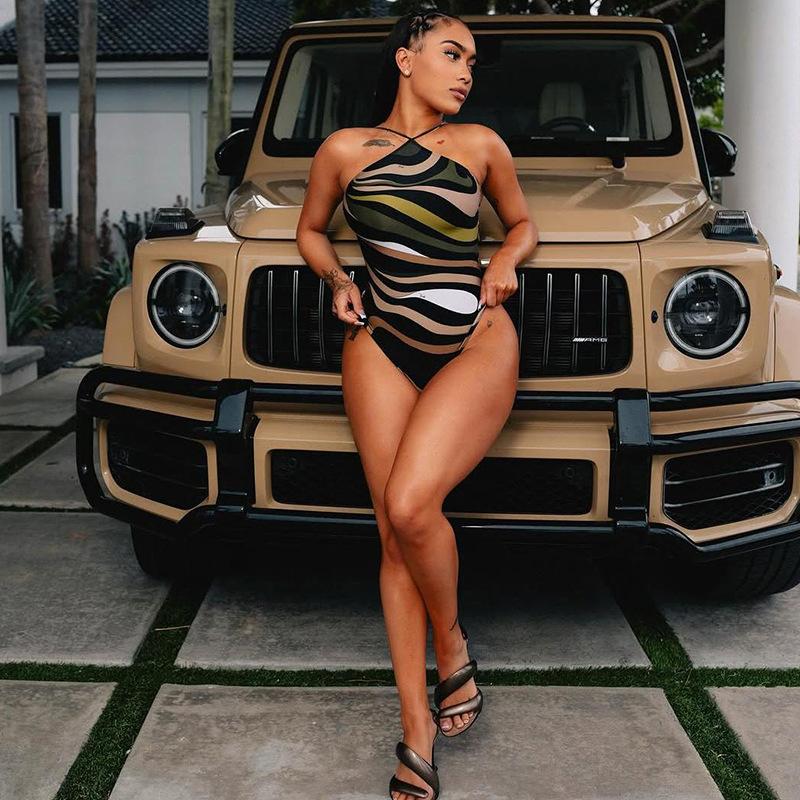 

Женский летний слитный купальник без спинки, без рукавов, для пляжного отдыха, с красочным принтом, облегающий тело, хипстерские топы S зелёный