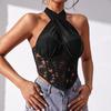 Specialty Lace Mesh Yarn Cross Neck Top Rhombus Fishbone Small Vest