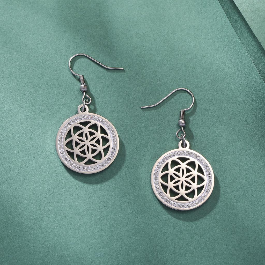 Seed of Life Chakra Flower Dangle Earrings Stainless Steel Gold Clear Zircon Round Earring Sacred Geometry Jewelry