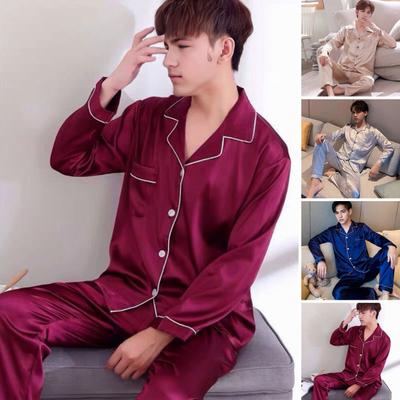 2Pcs/Set Men Loungewear Set Lapel Long Sleeve Shirt Tops Elastic Waist Long Pants Set Single Breasted Casual