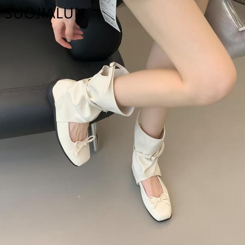 Fashion SUOJIALUN Autumn Women Medium Boots Round Toe Hollow Ladies Elegant Outdoor Dress Short Boots Flat Heel Outdoor Chelsea Boots