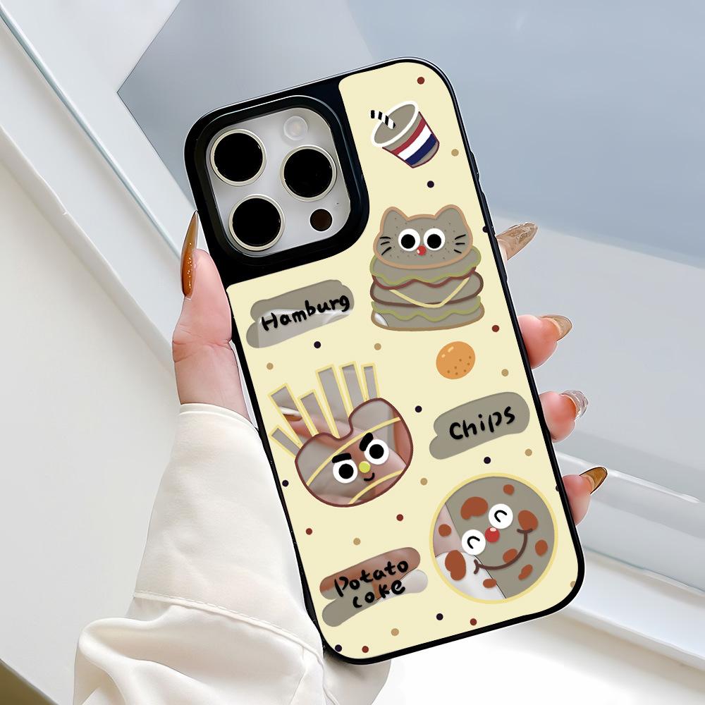Cartoon burger mirror is suitable for Apple 17ProMax black frame mobile phone case 15 all-inclusive 13/12 niche 14 large holes