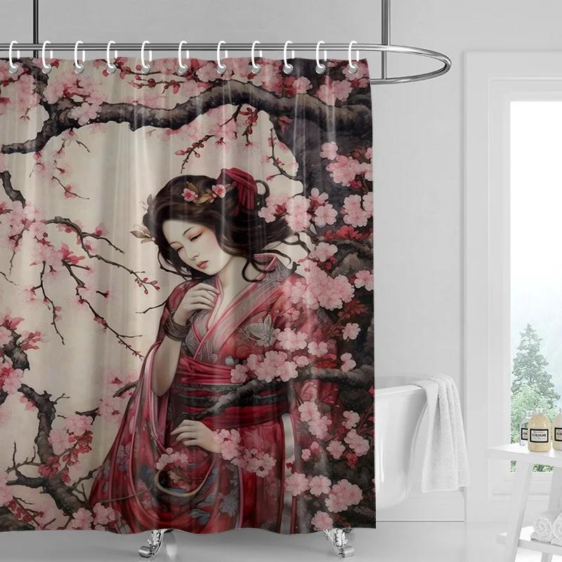 Japanese-style Gogi Retro Character Printed Shower Curtain Fading-resistant Bathroom Partition Curtain for Hotel Home Decoration