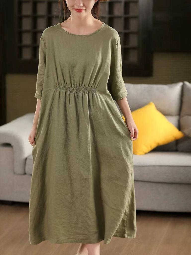 Johnature Women Vintage Solid Color Dress O-Neck Half Sleeve Summer Loose Female Fold High Waist Dress