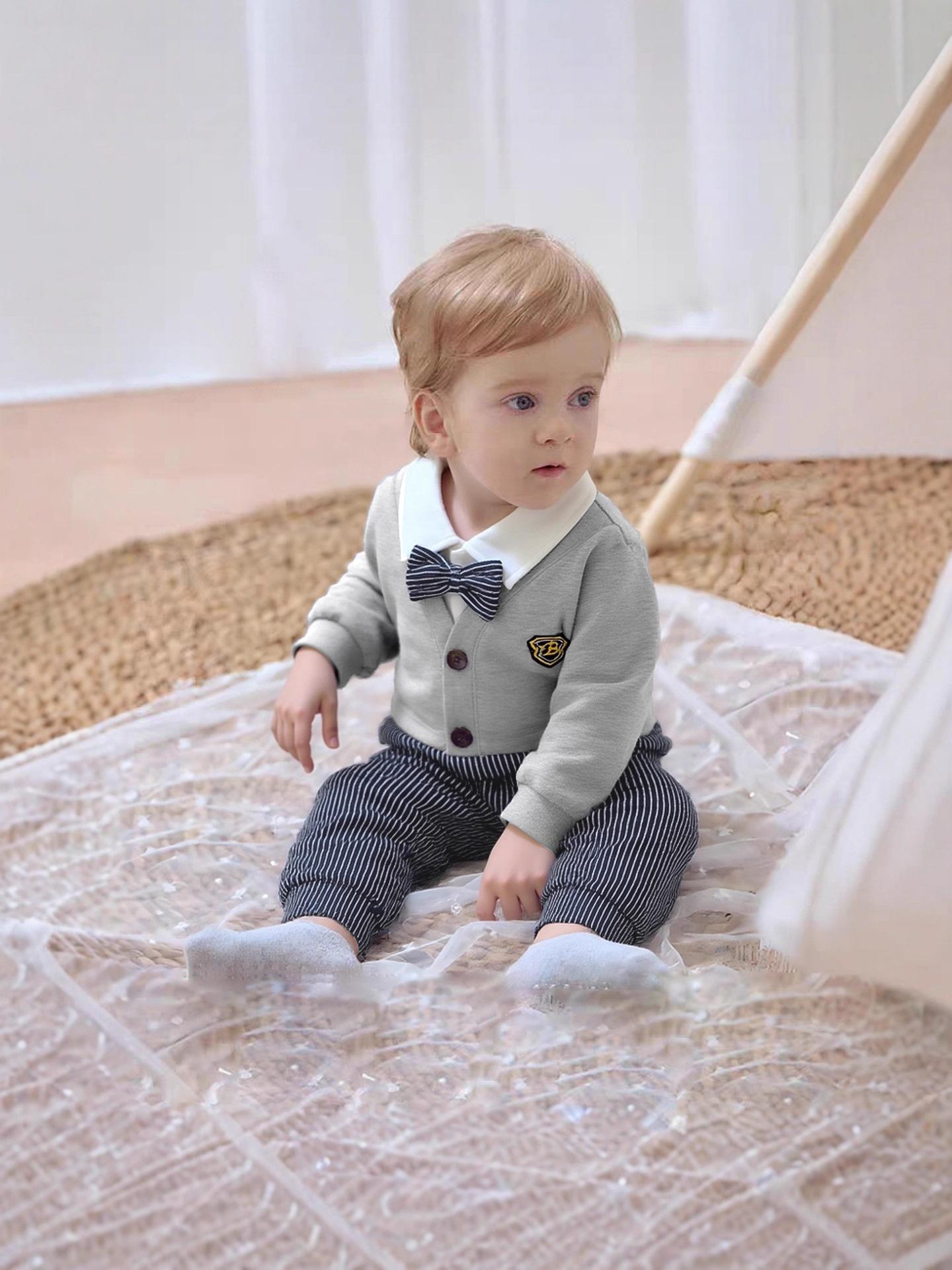 

Baby Boys Long Sleeve Cotton Romper - Gentleman Onesie for One-Year-Olds, Formal Wear for Spring and Autumn. 80cm