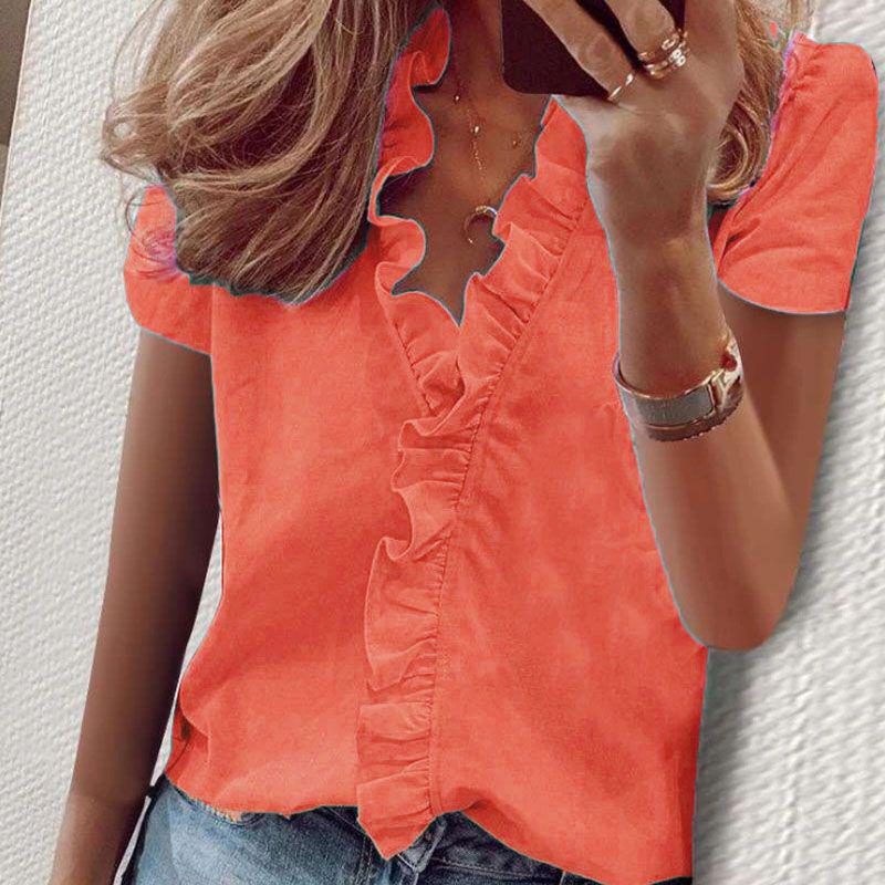 Stylish Women's V Neck Ruffle Short Sleeve T Shirt With Fashionable Daisy Print