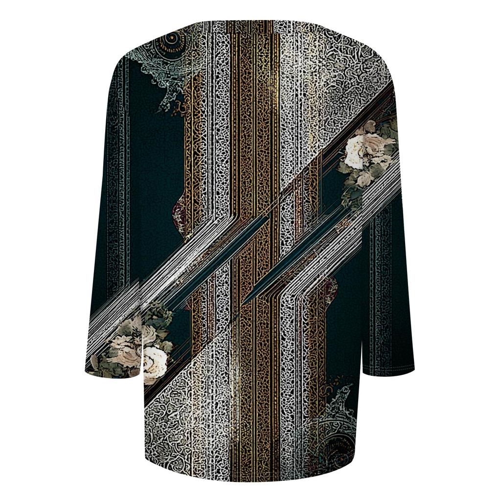 Blusa Feminina da Moda Vintage de Manga 3/4, Camiseta Casual de Manga Três Quartos com Gola Redonda Estampada para Mulheres