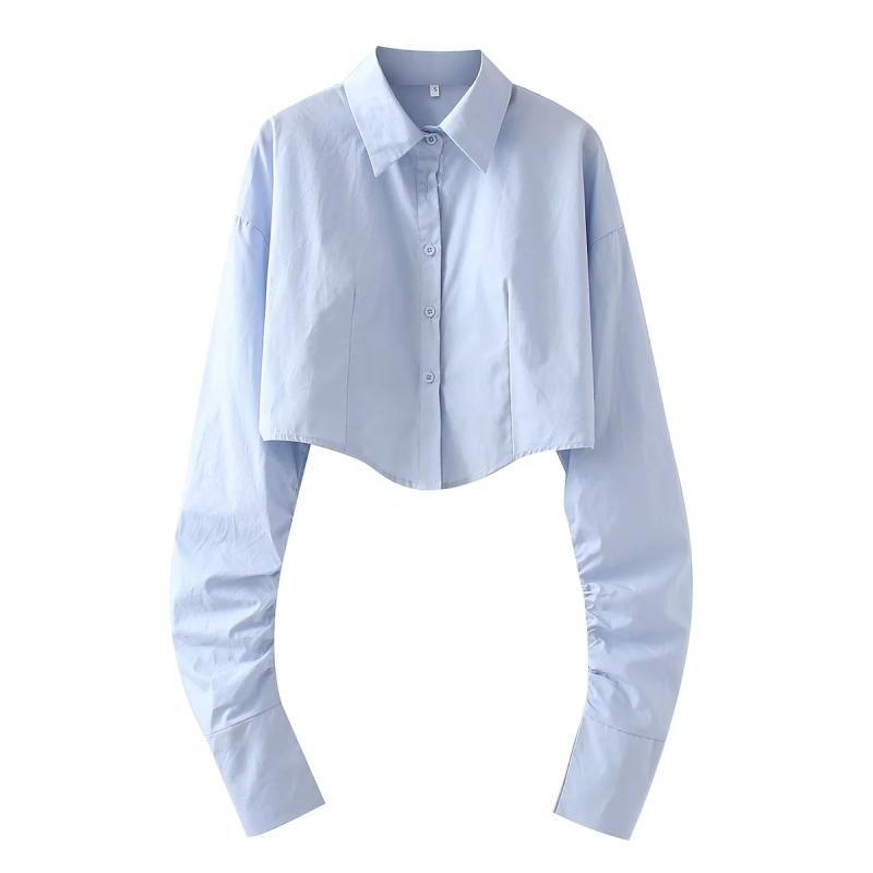 

Осень Новинка Короткий Длинный Рукав Открытый Живот Наряд Кроп Топ Женская Рубашка Персонализированный Европейский и Американский Стиль Арочный Край Плиссированная Высокая Талия Сексуальная Рубашка Blue L