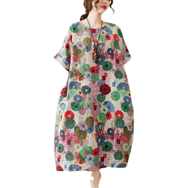 Real Shot Summer New Cotton and Linen Fat Sister Loose and Thin Short-sleeved Dress Women