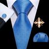 Pearl Brooch with Silk Tie for Men Vintage Floral Teal Necktie Hanky Cufflinks Gift Formal Set