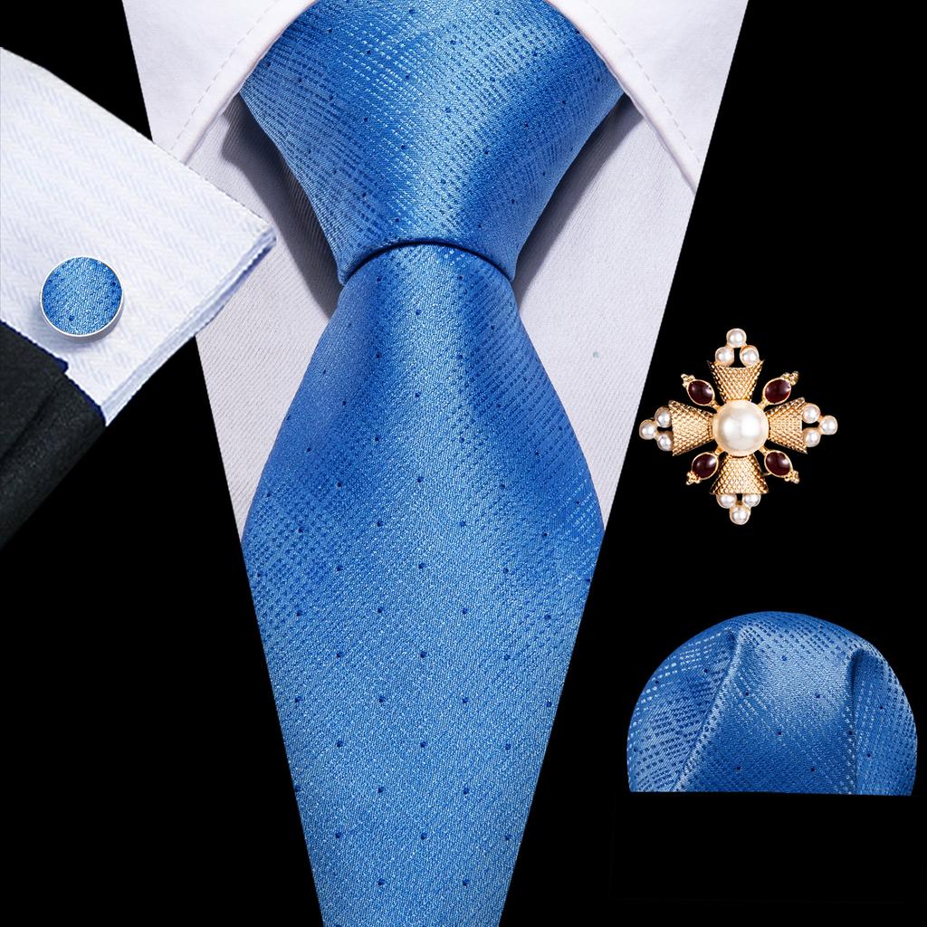 Pearl Brooch with Silk Tie for Men Vintage Floral Teal Necktie Hanky Cufflinks Gift Formal Set