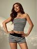 European & American Striped Black and White Bandeau Shorts Set - Women's Slim Sexy Crop Top and Hot Pants Two-Piece