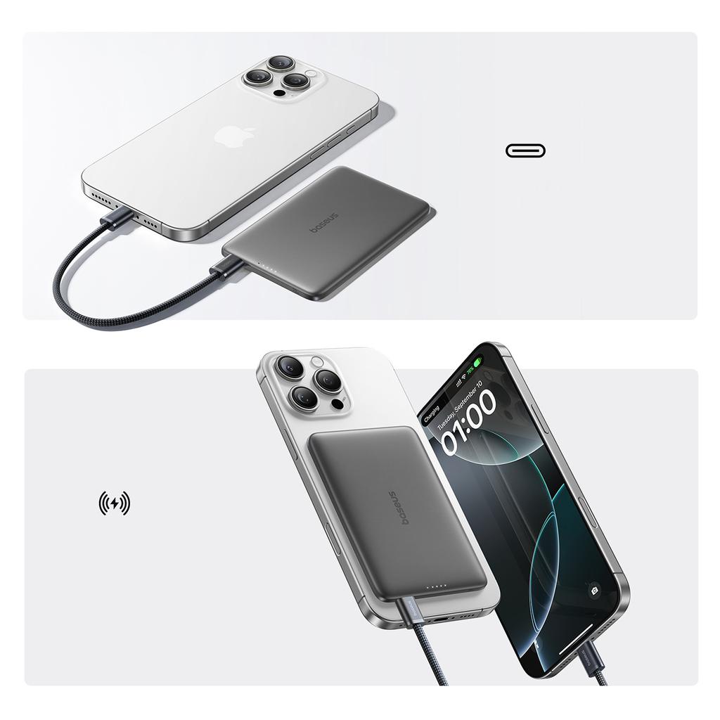 Ultra-dünne 5000mAh 20W PicoGo AM41 MagSafe Magnetische Powerbank mit 30cm USB-C Kabel - Schwarz