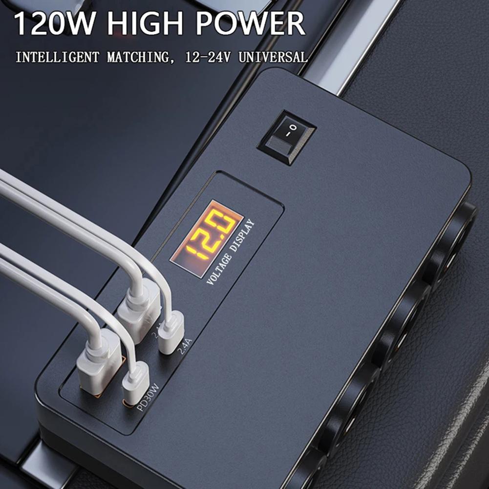 120W Vehicle Charger For Car Voltage Display Automobile Charger 12V Voltage Fast Charging Socket Vehicle Road Trips