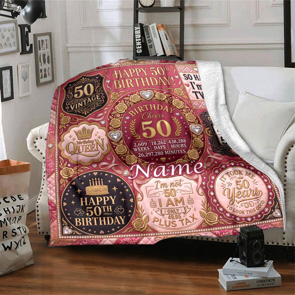 Vintage 50Th Birthday Celebration Customize Your Name Home Blanket Happy 50Th Birthday Floral Design Comfortable Soft Lightweight Multipurpose Blanket