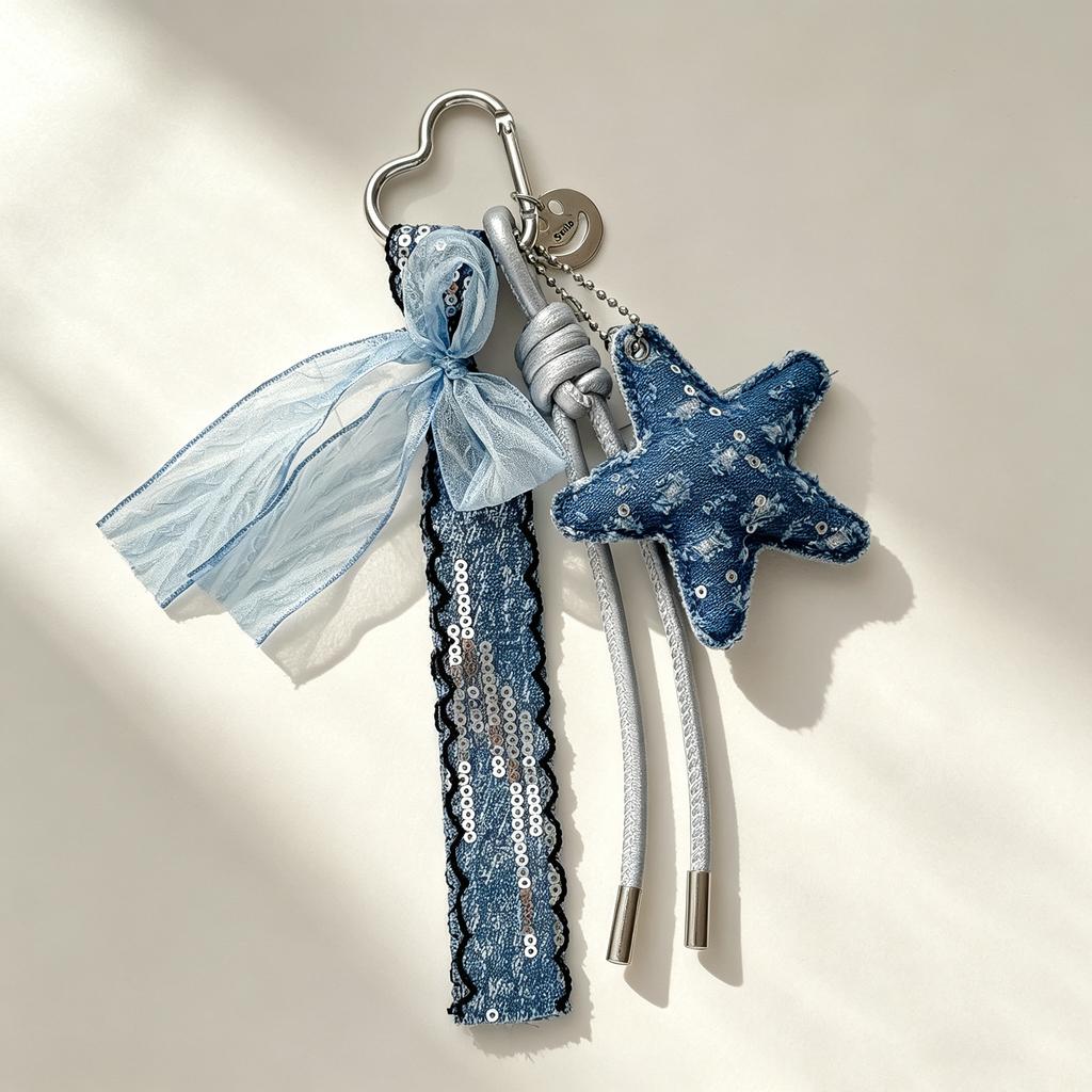 Vintage Denim Star Bag Charm Light Blue Organza Bow Lace Ribbon Carabiner Pendant Handmade Women Bag Accessories Bag Charm