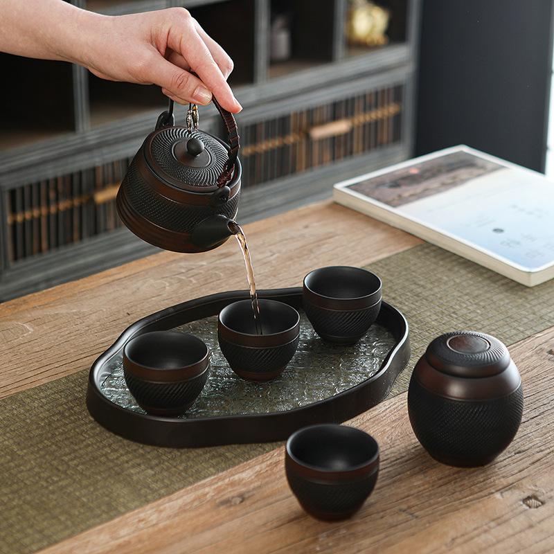 Purple pottery portable travel tea set, one pot of four cups outdoor brewing teapot business souvenir tea set