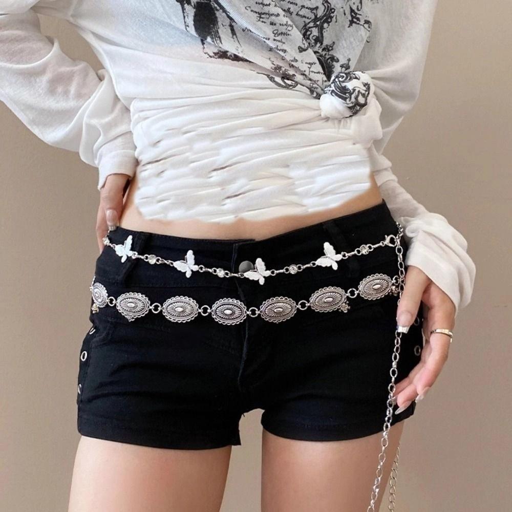 Belly Chain Metal Circular Ring Waist Chain Silver Ethnic Belt Chain  Shorts Decoration