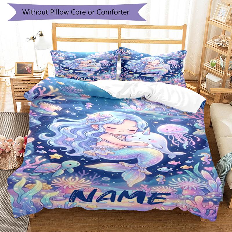 3pcs Custom Name Mermaid Bedding Set Duvet Cover Closure Includes 1 Duvet Cover & 2 Pillowcases, Soft and Comfortable for All Seasons.