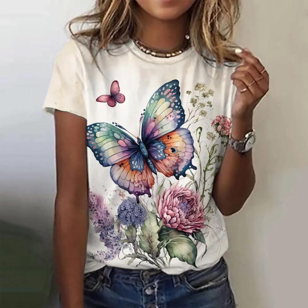 T-shirt da donna estiva a girocollo con stampa fantasia farfalla 3D, alla moda e casual a maniche corte