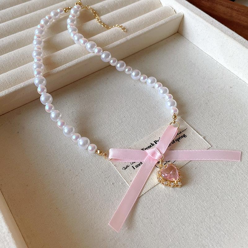 

Zircon Heart Bow Pearl Necklace - Vintage, Light Luxury Clavicle Chain