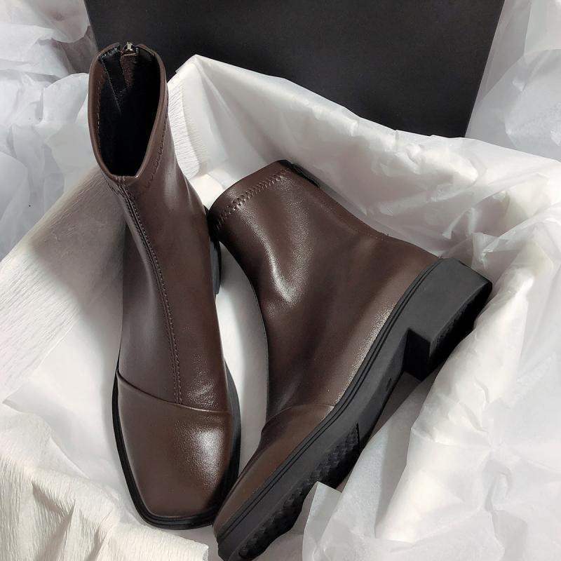 2025 autumn and winter new flat-bottomed square-headed thick-heeled elastic boots simple and versatile fashion French thin short boots women