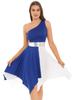 Womens One Shoulder Dance Dress Color Block Patchwork Design Asymmetrical Hem Sleeveless Performance Gown