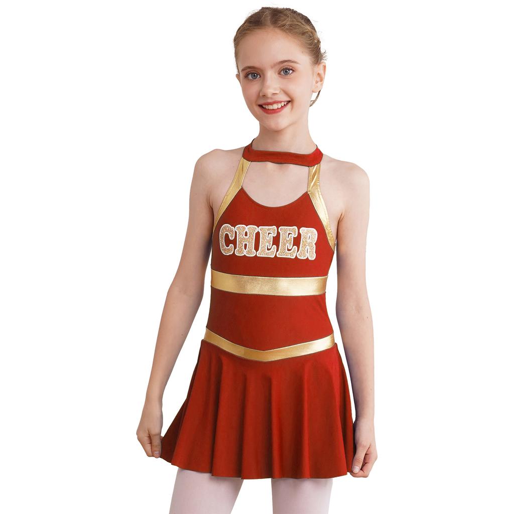 Girls Sleeveless Round Collar Letter Print Crisscross Straps Hollow Back Cheerleading Dance Dress