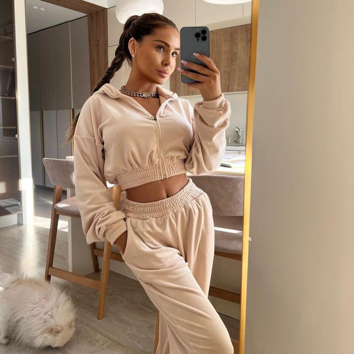 Women Solid Color Long Sleeve Hooded Hoodies Suit Autumn Winter Loose Top Wide Leg Pants