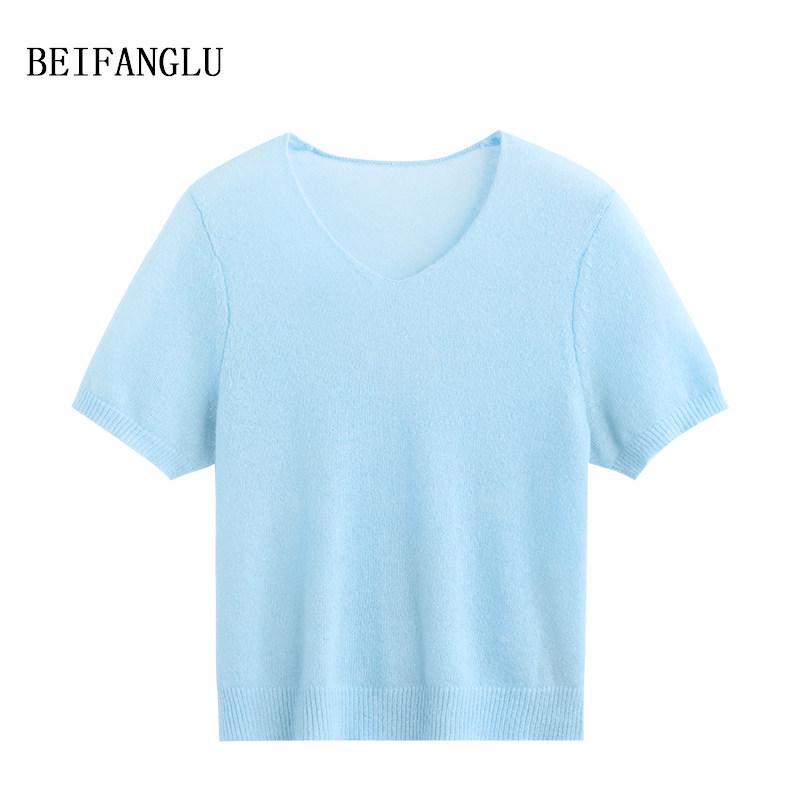Northern Deer Spring Alpaca Wool V-neck Knit Short Sleeve - Soft & Light for Spring/Summer