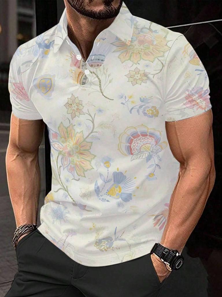 Men's Short-Sleeve Polo Shirt with Flat Digital Print - No Texture - Vintage Floral Soft Color Print, Stylish and Minimalist Short Sleeve, Button-Up,
