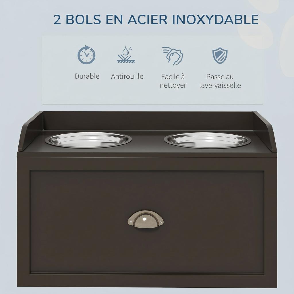 Elevated Dog Bowls, 2-in-1 Bowl Holder Storage, Drawer, 2 Bowls, 60 x 30 x 36 cm, Coffee Brown