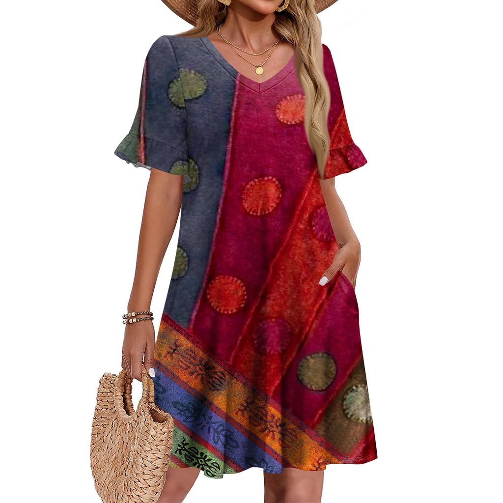 Damen A-Linie Sommerkleid Kurzarm V-Ausschnitt Bedrucktes Kleid Mit Taschen