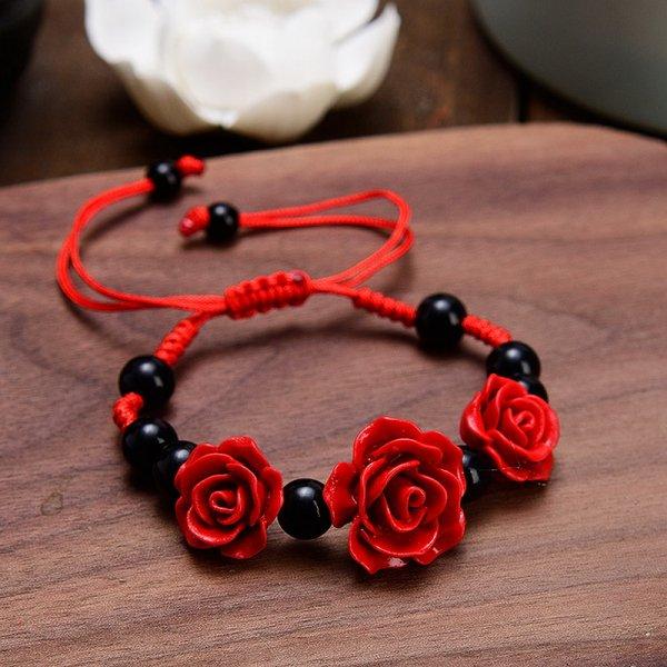 Korean Style Red Rose Imitation Pearl Bracelet For Women Luxury Zircon Flower Butterfly Adjustable Cuff Bracelet Wedding Jewelry