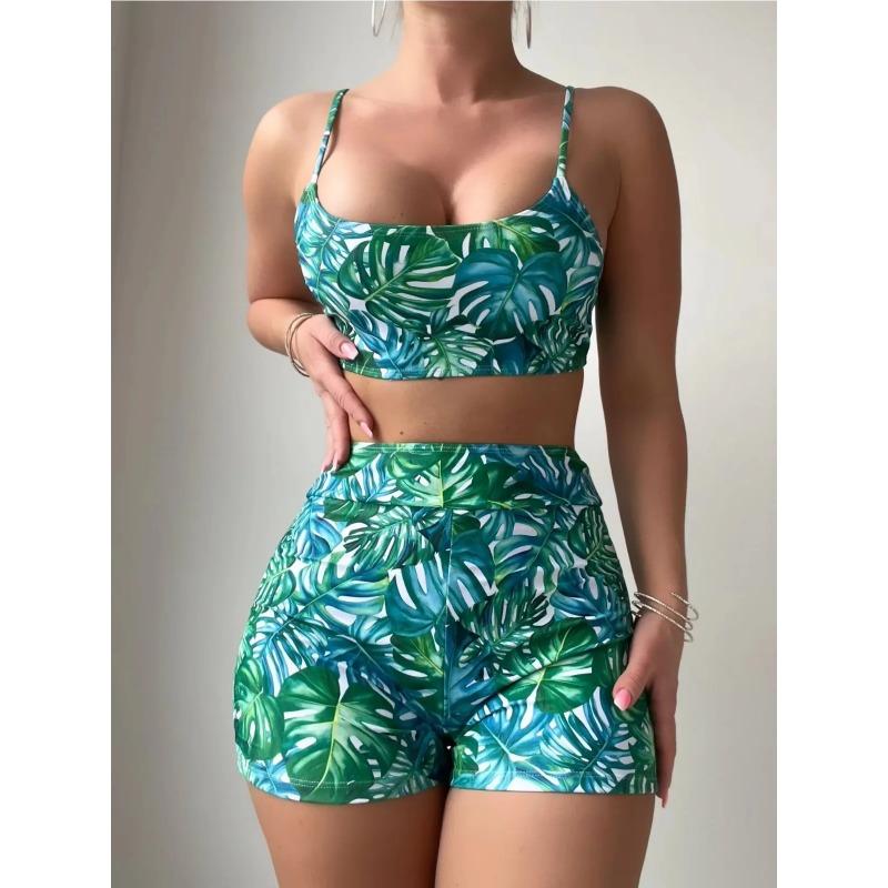 Green Leaf Print 2 Piece Swimsuit Women,2024 High Waist Bikini Tankini,summer Beach Vacation U-neck Suspender Backless Swimwear